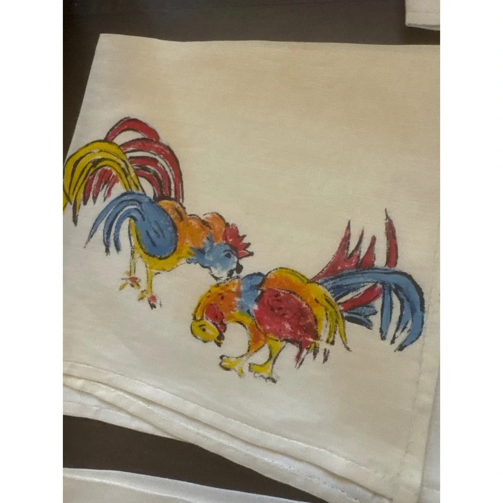 Vintage Hand Painted Rooster Linen Cocktail Napkins Set of 8 Farmhouse Folk Art